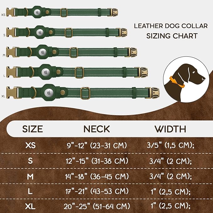 Reflective Leather Dog Collar with AirTag Holder - Soft Apple Airtag Dog Collar with Metal Buckle - Safety Cotton Pet Collars for Dogs Small Large Dogs Puppy (Hunter Green, XS, 9"-12")
