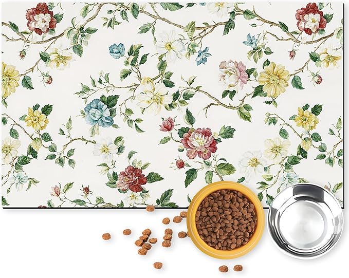 Pet Feeding Mat for Dogs and Cats - Super Absorbent Anti-Slip Bowl Pad, Eco-Friendly Washable Mat to Prevent Spills and Mess Floral Mat 12"x20"