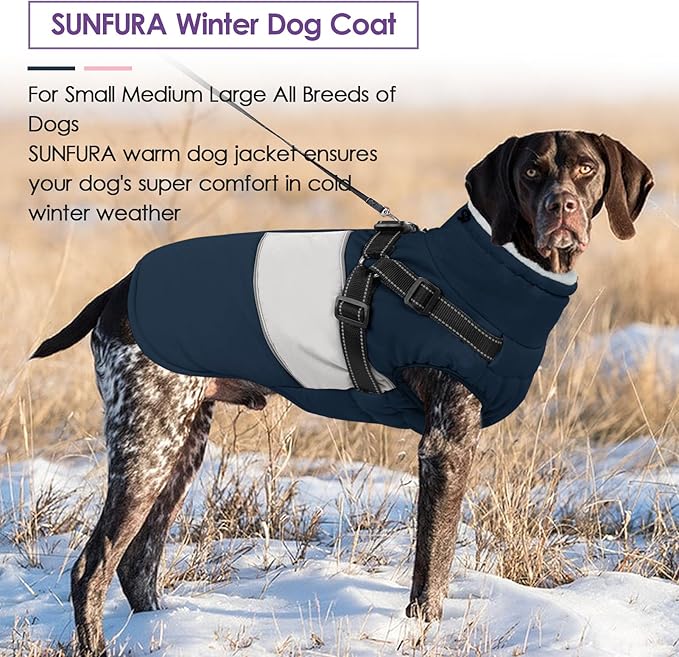SUNFURA Dog Coat, XXL Dog Jacket Winter with Harness Built in, Waterproof Pet Snow Jacket with Furry Collar for Chilly Day, Reflective Fleece Snowsuit for Extra Large Dogs, Navy Blue 2XL