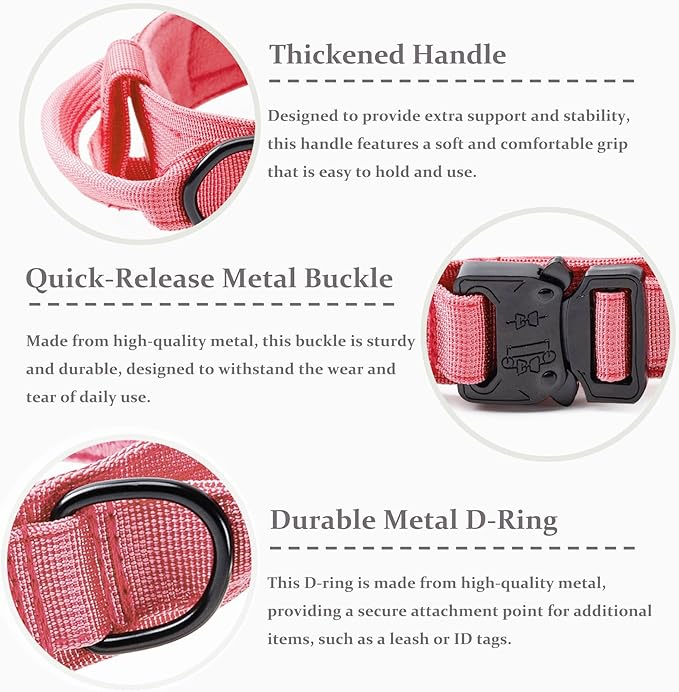 Tactical Dog Collar, Adjustable Military Training Nylon Dog Collar with Control Handle and Heavy Quick-Release Metal Buckle for Small Medium Large Dogs, Light Pink L