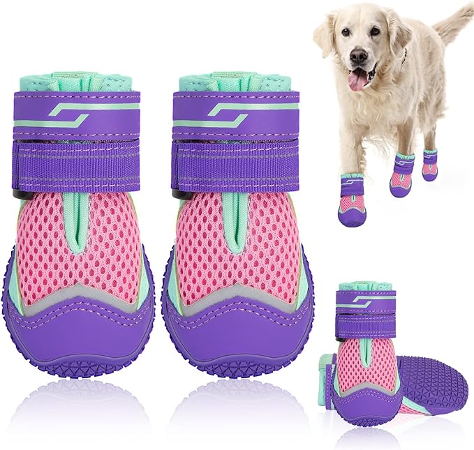 SlowTon Dog Shoes for Large Small Medium Dogs - Breathable Dog Boots for Summer Hot Pavement, Paw Protector for Outdoor Walking Winter Snow, Anti-Slip Rubber Dog Booties for Hardwood Floor (PIPU, 7)