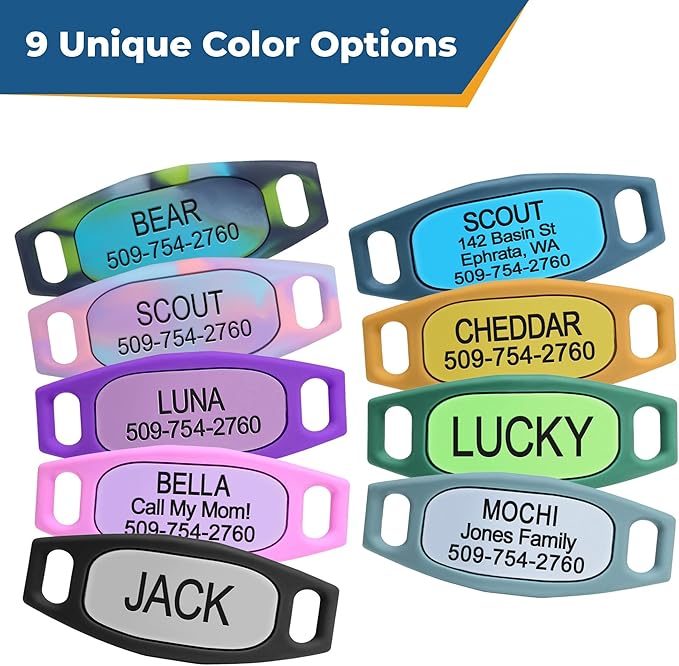 GoTags Silent Dog Tag, Personalized Engraved Silicone and Cat Name Pet ID Tags, Soundless Quiet Slide On Nameplate for Collars, No More Jingling Tags (Tie Dye Pink, Small)