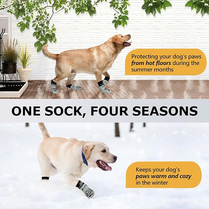 Anti Slip Dog Socks to Prevent Licking Paws - Double Side Dogs Paw Grip Sock for Hardwood Floors, No Twist Dog Booties Grippy Socks for Small Medium Large Senior Dogs, Light Grey and Black, M