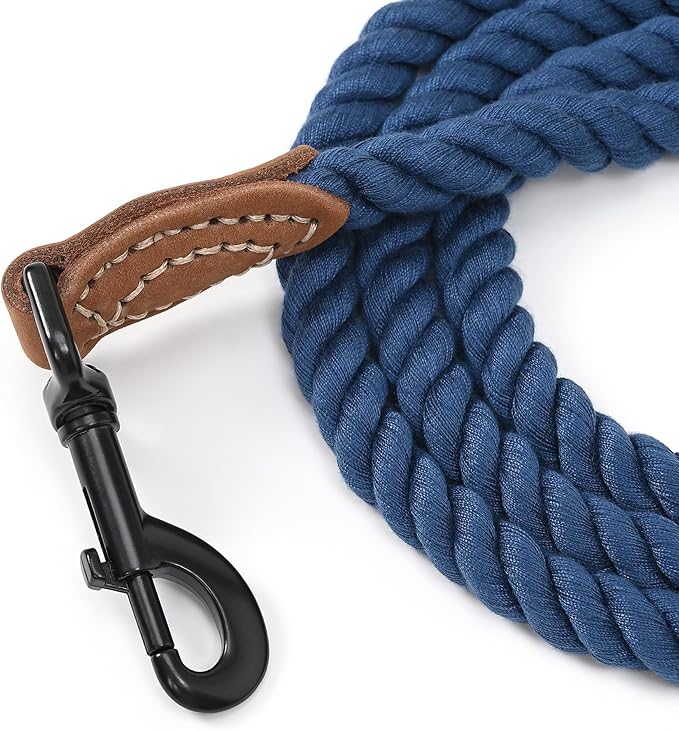 Mile High Life Dog Leash, Braided Cotton Rope Leashes with Leather Tailor Tip with Leather Tip - Heavy Duty Metal Clasp, 5FT, 1/2" Thick - Wedding, Walking Leash for Medium Large Dogs(Navy)