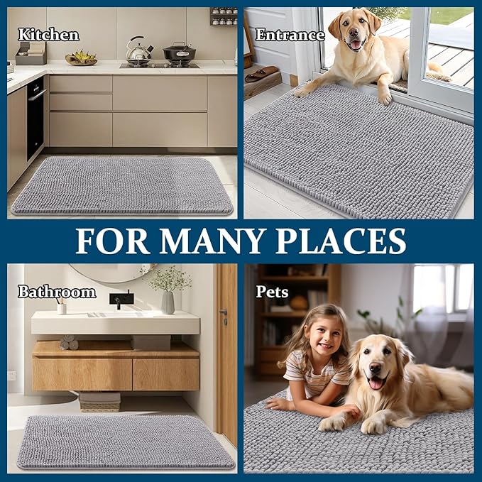 OLANLY Dog Door Mat for Muddy Paws 44x32, Absorbs Moisture and Dirt, Absorbent Non-Slip Washable Doormat, Quick Dry Chenille Mud Mat for Dogs, Entry Indoor Entryway Carpet for Inside Floor, Light Grey