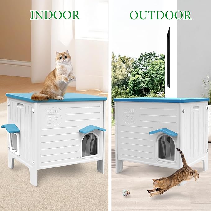Deblue Outdoor Cat House Weatherpoof Large Plastic Cats Houses with Escape Door Indoor Waterproof Feral/Pet Cat Shelter Outside for Multiple Cats (Blue)