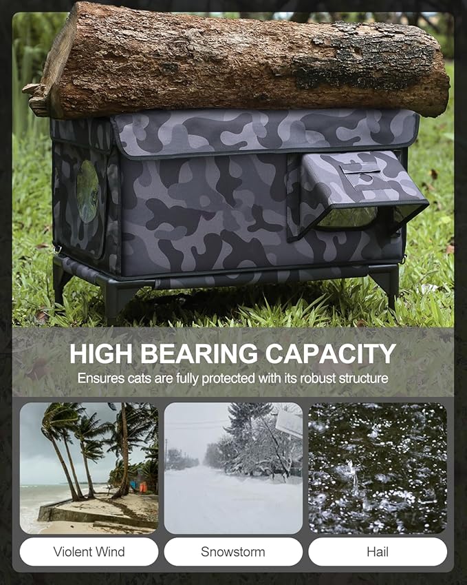 Outdoor Heated Cat House in Winter,Extremely Insulated & Weatherproof,Elevated Feral Cat Shelter with Waterproof Eaves & Escape Door for Outside Stray Barn Cat (Dark Camo,L)