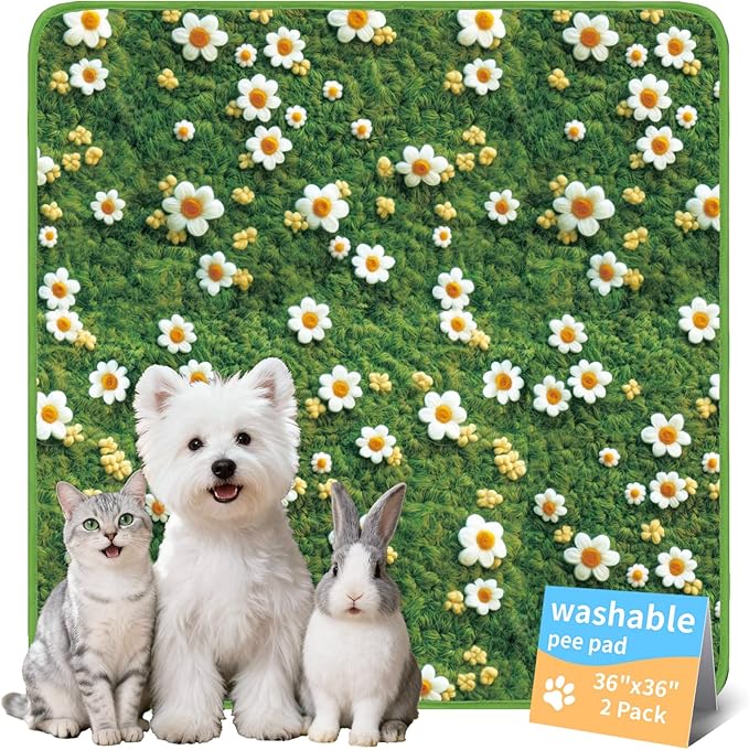 Dog Pee Pads Training Pads Upgrade Triple Thickness All-Purpose Super Absorbent & Leak-Proof, Quick Dry and Leak-Proof and Odor Control (Yellow Daisy on Green, 36" x36"x2PCS)
