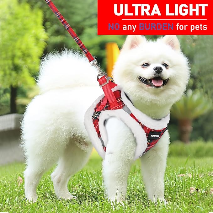 GAMUDA Small Dog Harness Collar and Leash Set, Step in No Chock No Pull Soft Mesh Adjustable Dog Vest Harnesses Plaid Reflective for Dogs Puppy Cats Kitten Rabbit (Warm Red, XXS)