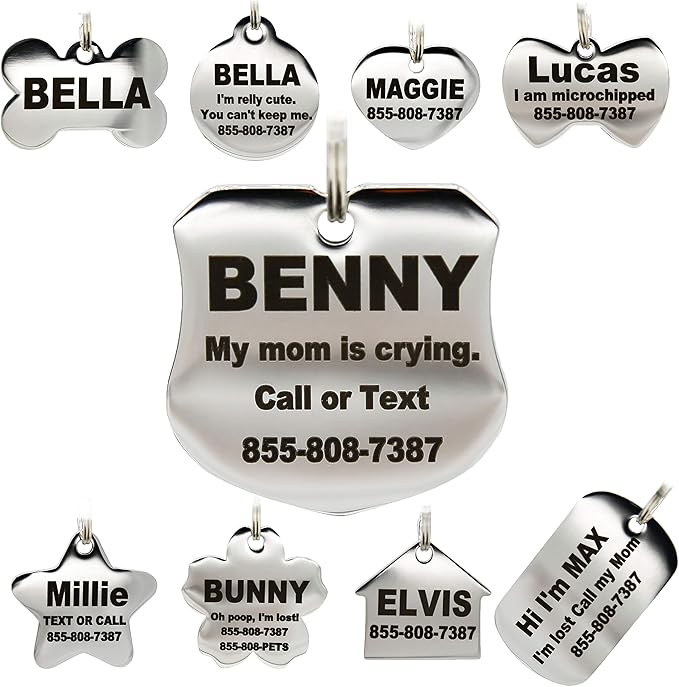 PetANTastic Stainless Steel Pet ID Tags - Engraved Personalized Dog Tags, Cat Tags Front & Back up to 8 Lines of Text – Bone, Round, Heart, Flower, Badge, House, Star, Rectangle, Bow Tie