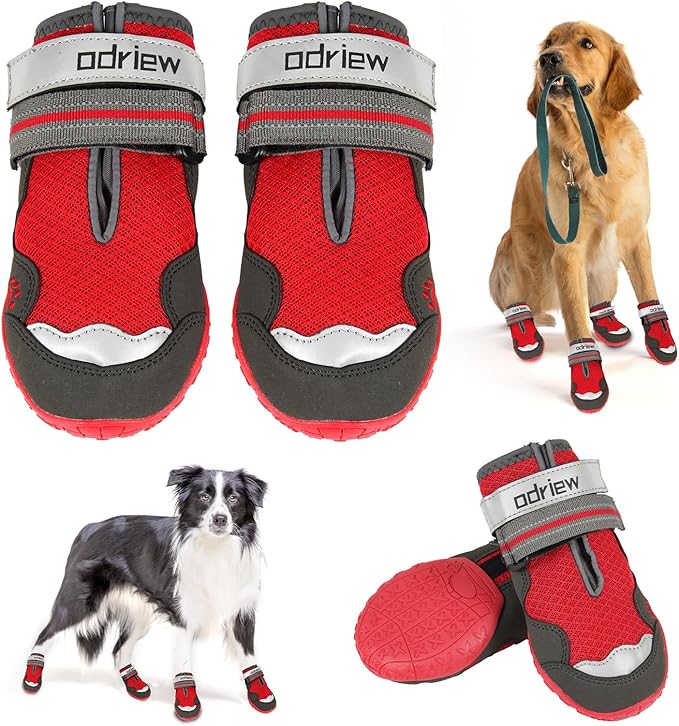 ODRIEW Dog Shoes Large Size Dogs, 4PCS Breathable Mesh Dog Boots & Paw Protectors for Hot Pavement, Small Shoes for Dogs with Reflective Strip, Anti-Slip Sole for Outdoor Walking Hiking. (Reds, 8)