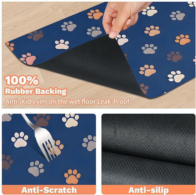 Blue Pet Fooding Mat - Absorbent Dog Cat Feeding Mat for Food and Water Bowl, No Stains Quick Dry Cat Placemat with Waterproof Rubber Backing, Pet Supplies for Messy Drinkers (12 X 20)