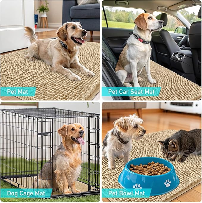 OLANLY Dog Door Mat for Muddy Paws 44x24, Absorbs Moisture and Dirt, Absorbent Non-Slip Washable Doormat, Quick Dry Chenille Mud Mat for Dogs, Entry Indoor Entryway Carpet for Inside Floor, Beige