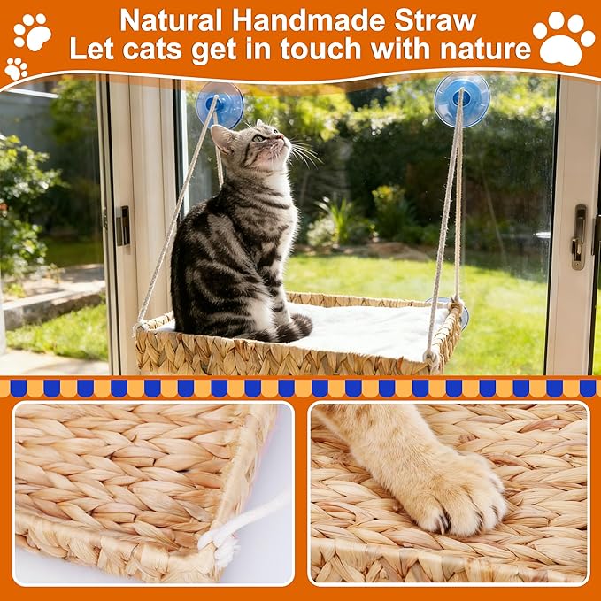 Cat Window Perch with Industrial-Grade Suction Cups and Ball Toy, Cat Window Hammock - 45 lbs Capacity, Handwoven Straw Sturdy Hanging Bed Seat Soft Cushion for Large Heavy Cats