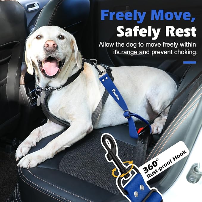 Pawaboo Dog Car Seatbelt, Universal Pet Safety Belt, Chew-Proof Dog Car Restraint with Adjustable Strap, Nylon Woven Belt & PVC Shell Dog Seatbelt, Dog Leash with 360° Hook,20 in, 2 Pack, Blue + Black