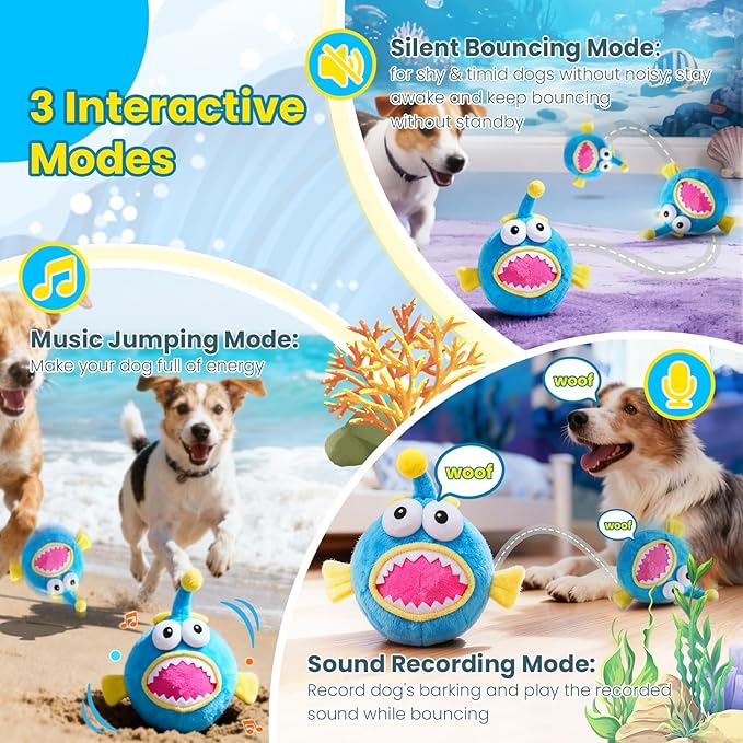Interactive Dog Toys, Self Moving Dog Toy to Keep Them Busy, Electronic Vibrating Dogs Toy/Squeaky Bouncing Ball for Small Medium Large Dogs with Jumping Music Talking Silent Mode (Lanternfish)