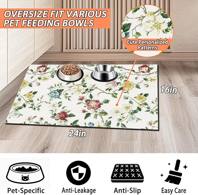Pet Feeding Mat for Dogs and Cats - Super Absorbent Anti-Slip Bowl Pad, Eco-Friendly Washable Mat to Prevent Spills and Mess Floral Mat 12"x20"