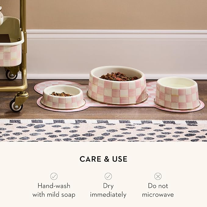 MACKENZIE-CHILDS Enamel Pet Bowl, Cute Cat and Dog Bowl for Food and Water, Large, Pink-and-White Rosy Check