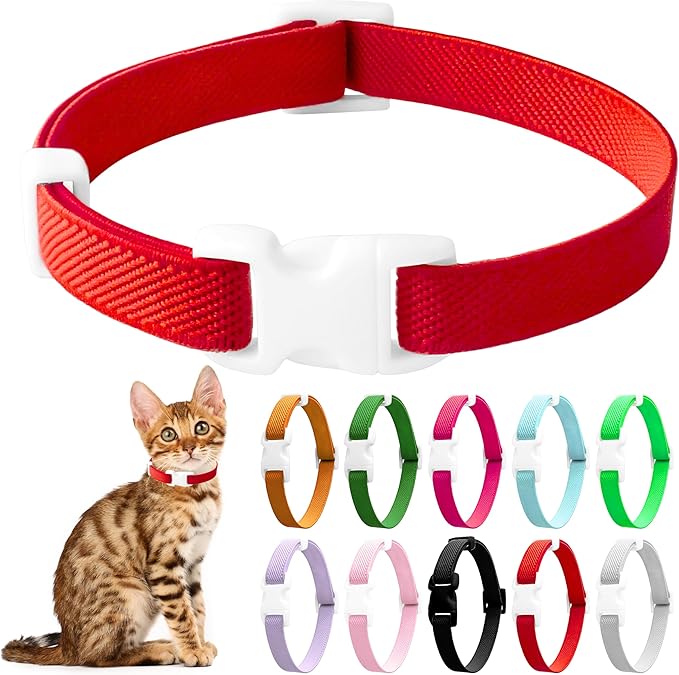 Elastic Cat Collar, Stretch Cat Collar Quick Release, Bright Colors Safety Kitten Collar Adjustable Collar for Kittens, Lightweight Soft Polyester Collars for Boy Girl Cats (Red,M)