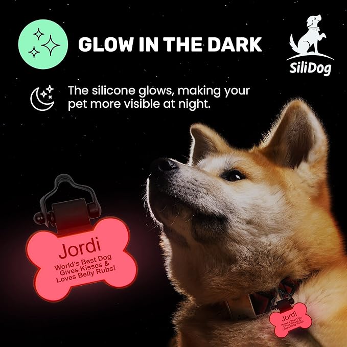 SiliDog - The Original Silicone Silent Dog Tag - Personalized Engraved Soundless Pet ID - As Seen On Shark Tank - Durable - Never Fades - Bone - Blue