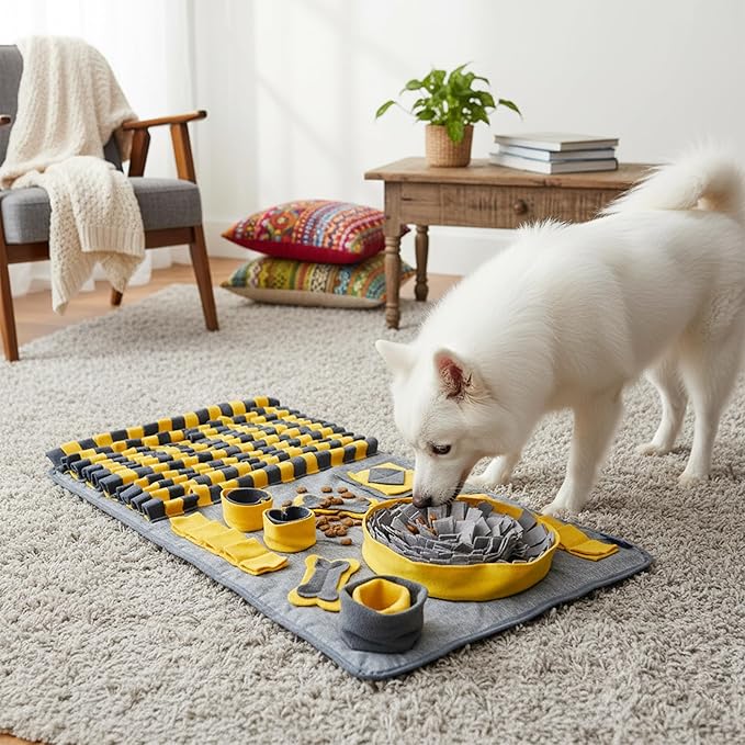 Snuffle Mat for Dogs, L Size Yellow Interactive Dog Sniffing Pad, Non-Slip Puzzle Toy for Medium Large Breeds, Washable Foraging Mat for Boredom Anxiety Relief