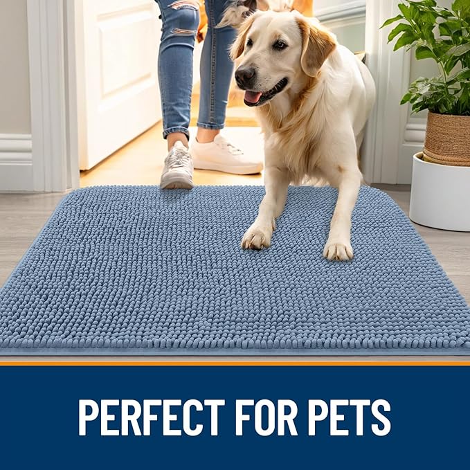OLANLY Dog Door Mat for Muddy Paws 48x30, Absorbs Moisture and Dirt, Absorbent Non-Slip Washable Doormat, Quick Dry Chenille Mud Mat for Dogs, Entry Indoor Entryway Carpet for Inside Floor, Airy Blue