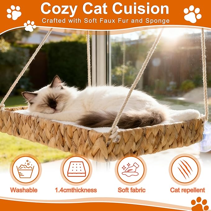 Cat Window Perch with Industrial-Grade Suction Cups and Ball Toy, Cat Window Hammock - 45 lbs Capacity, Handwoven Straw Sturdy Hanging Bed Seat Soft Cushion for Large Heavy Cats