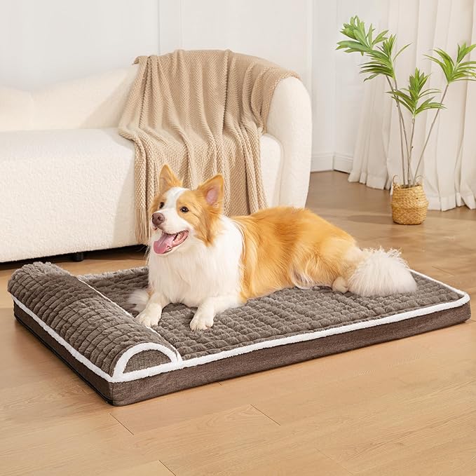Orthopedic XL Dog Bed Large Sized Dog with Pillow 42''X28'', Waterproof Soft Comfortable Egg Crate Foam Pet Crate Beds Mat with Removable Washable Cover and Non-Slip Bottom, Taupe
