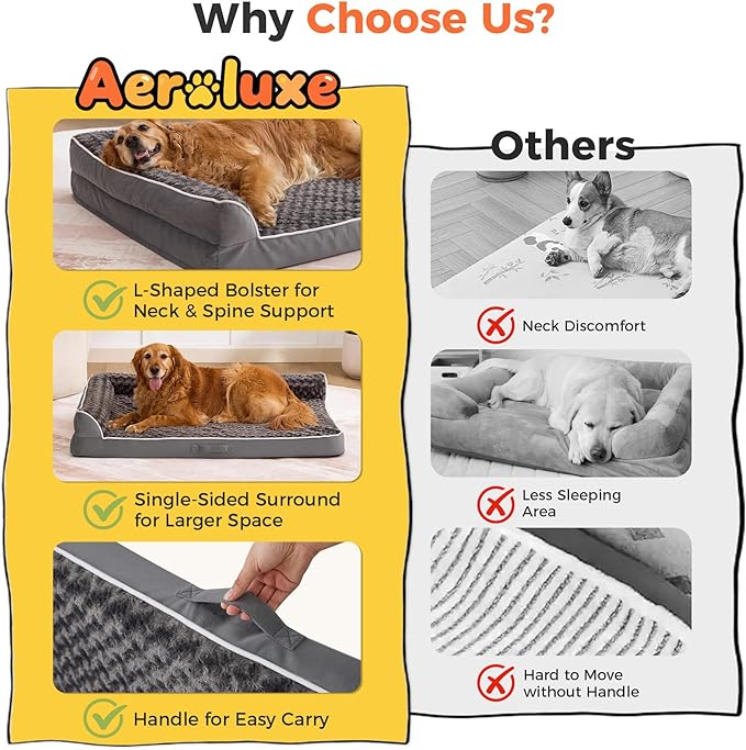 Dog Bed Large Sized Dogs, XXL Orthopedic Dog Bed for Large Dogs, Waterproof Pet Bed with Washable Removable Cover, L-Shaped Pet Couch with Portable Handle 48"x35"x7.5", Dark Grey