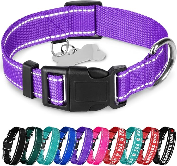 TECEUM Reflective Dog Collar – Purple – XL – Basic Nylon Pet Collar – Quick Release Buckle – Fits Small, Medium and Large Dogs, Puppies, Cats – ESA & Service Dog Options