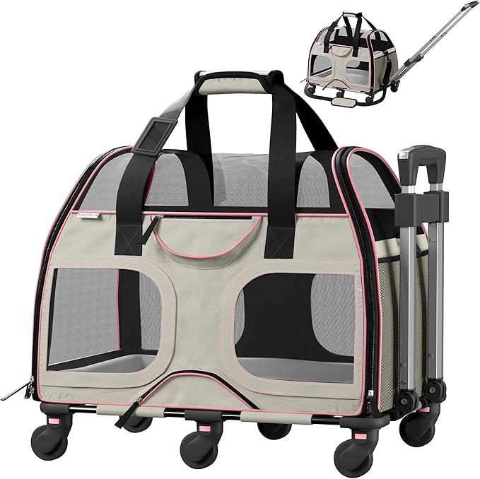 Rolling Pet Carrier with Removable 6 Wheels & Double Telescopic Handle Soft Sided for Airline Approved Dog & Cat Carrier Bag (White/Pink)