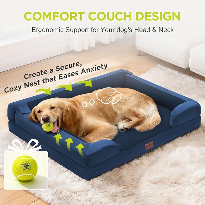 Extra Large Dog Bed, Orthopedic XL Washable Bed for Big Dog Waterproof Pet Couch Sofa Bolster with Removable Cover, Non-Slip Bottom, Tennis Ball Toy, 42x30