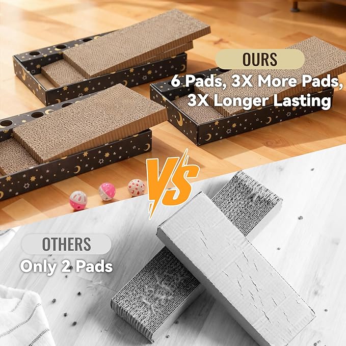 6 Pack Cat Scratch Pad with 3 Box – Cat Scratcher Cardboard to Protect Furniture,Reversible Scratcher with Catnips Box Bed Desigh for Small Medium Cat Kitten, Scratching Board for Cats