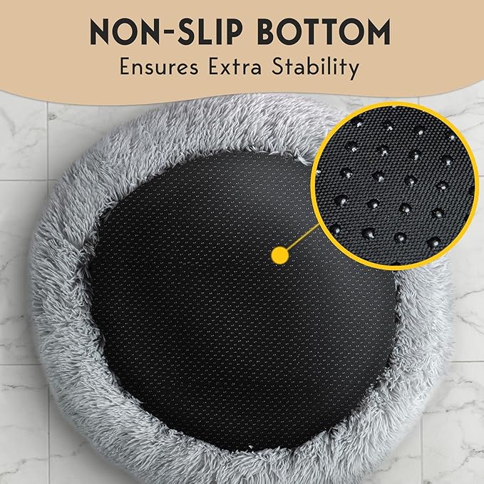 PetJett Calming Small Dog Bed - 23'' Round Dog Beds, Anti-Slip & Washable Super Soft Fluffy Plush Faux Fur Pet Bed, Anti-Anxiety Premium Comfort Donut Puppy Bed, Fits Dogs up to 25 lbs - Bright Grey