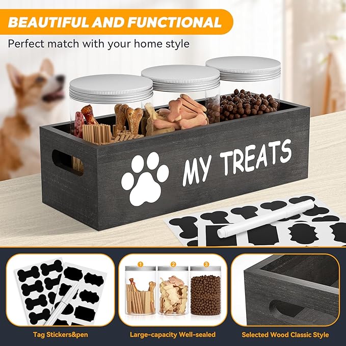 qeerable Dog Treat Jar for Countertop - Dog Treat Container with 3 Jars - Pet Food Organizer For Puppy - Airtight Grey Wooden Dog Treat Storage With Lids - Great Gift for Pet Dog Owners
