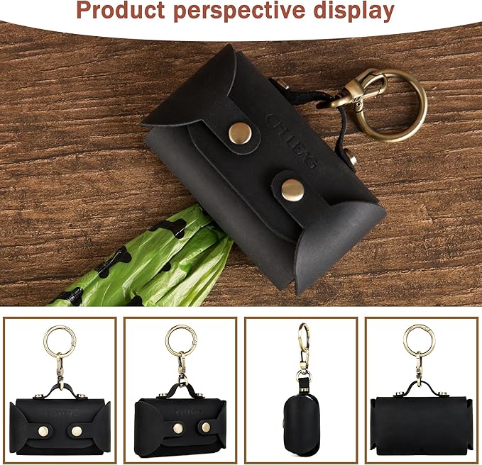 Handmade Leather Dog Poop Bag Dispenser with Belt Attachment,Durable, Stylish Waste Bag Holder, Dog Walkers, Brass Metal Clip, Charcoal Black