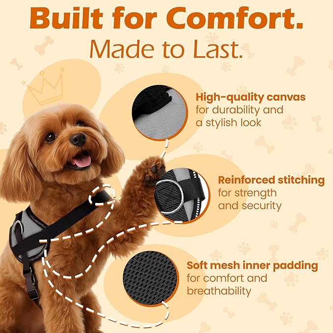 Bark Appeal Gray No-Pull Dog Harness for XS to Small Sized Pets – Adjustable, Reflective Vest with 3 Leash Clips for Added Control, Easy Walks & Training – S