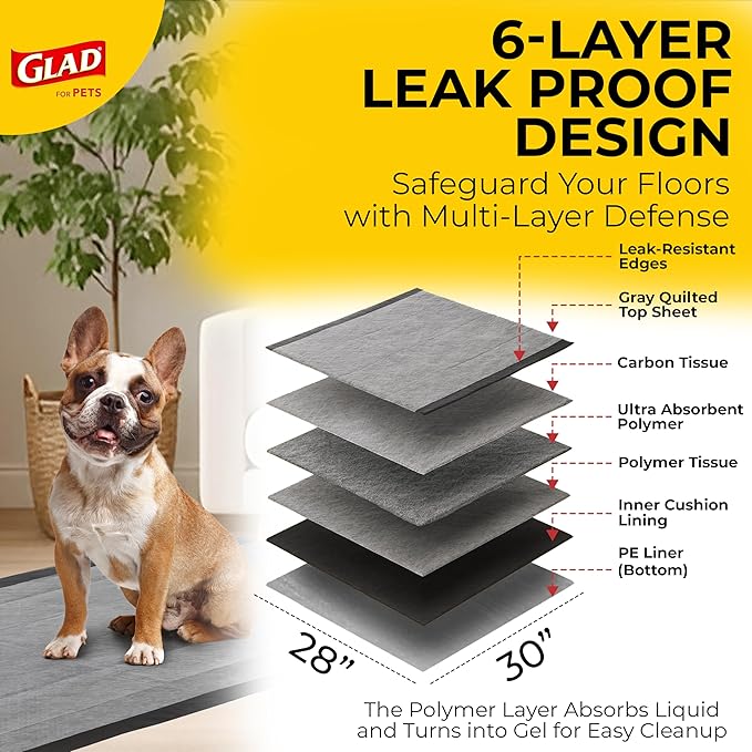 Glad for Pets JUMBO-SIZE/XL Charcoal Puppy Pads, All-in-One | Black Training Pads That ABSORB & Neutralize Urine Instantly | New & Improved Quality, 50 Count - 4 Pack