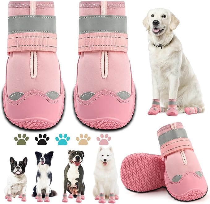 Dog Shoes for Large Dogs, Medium Dog Boots & Paw Protectors for Hardwood Floors, Outdoor Dog Booties for Hot Pavement Winter Snow Hiking, Waterproof Dog Shoes with Reflective Strips Size 4