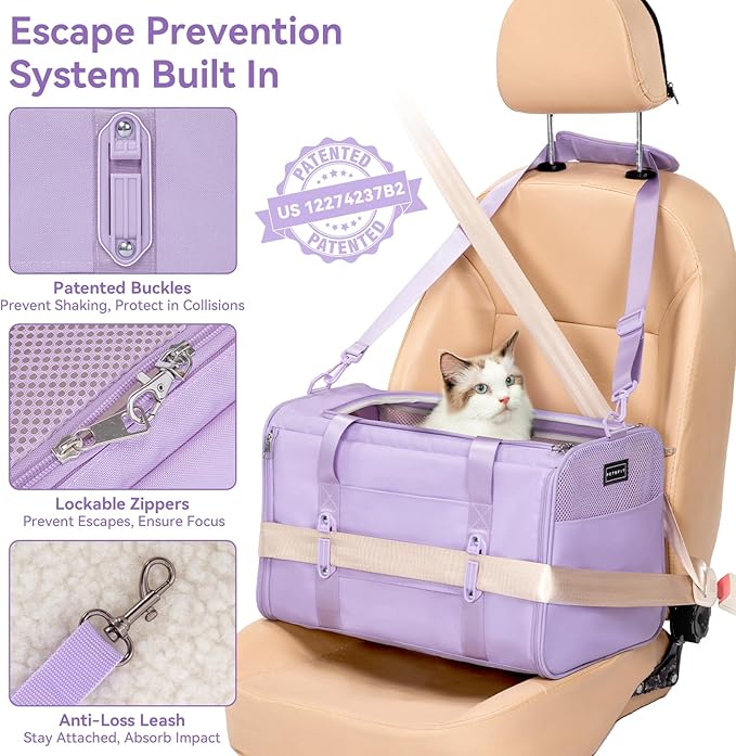 Petsfit 18 X 11 X 11 Airline Approved & Cat Car Carrier with Patent Safety Buckles, Escape-Proof Zippers & Mesh Side, Keeps Pets Secure in Cars, Comfy on Trips & Easy to Carry — Gift for Pet Lovers