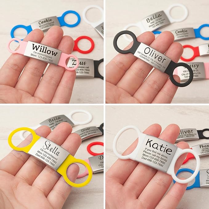 Anavia Slide On Silent Pet ID Tags, S/M/L/XL Personalized Multi-Color Silicone Band Cat Dog Name Tags, Customized Engraved Stainless Steel, Chew-Proof Quiet Dog Collar Tags (Small, Black)