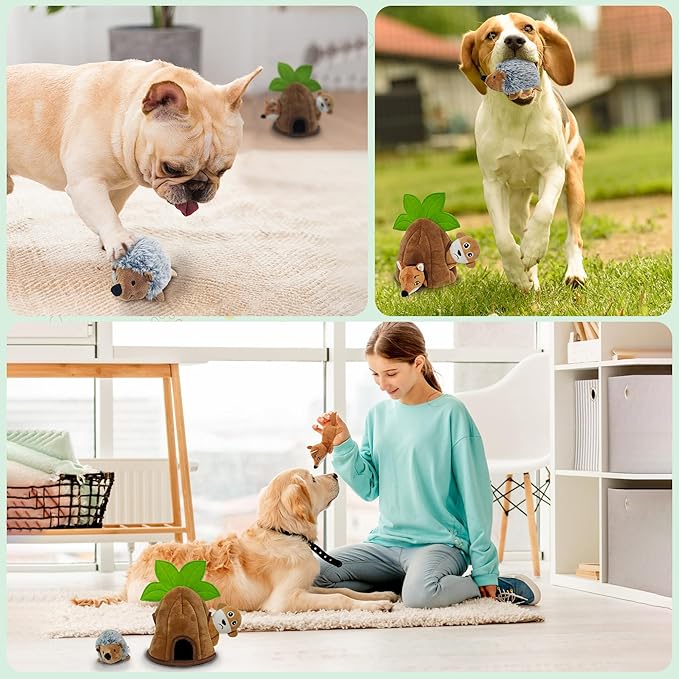 Qiiiiian 4 Packs Crinkle Squeaky Hide and Seek Puppy Toys to Keep Them Busy, Durable Cute Pet Toys for Small Medium Dogs, Interactive Plush Stuffed Chew Toy, Not for Aggressive Chewers - Coconut Tree