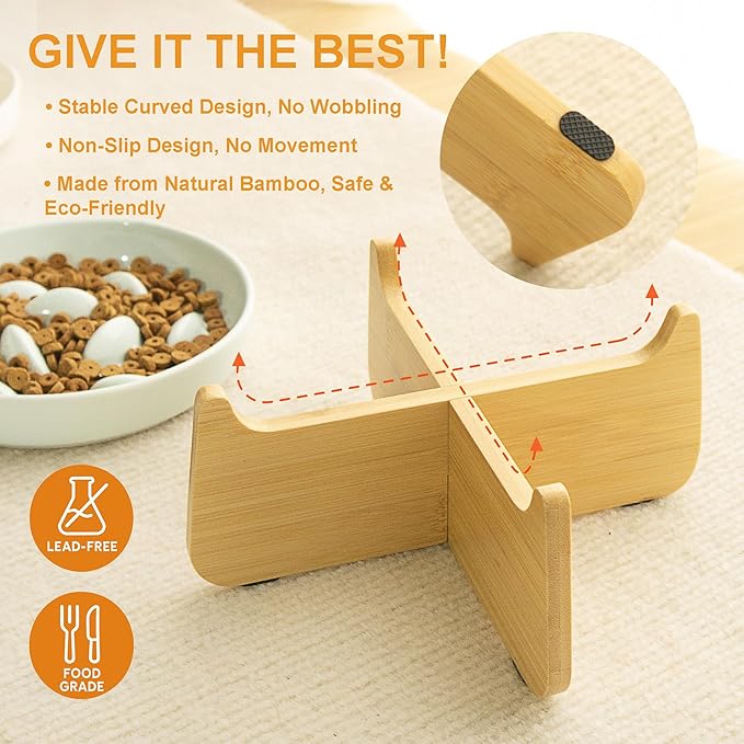 Non-Slip Rubberwood Elevated Cat Feeder Stand - 6.1"x3.5" Detachable Bowl Holder, Ergonomic Anti-Vomiting Raised Pet Dish Stand (Green(Ceramic)-Bamboo Stand)