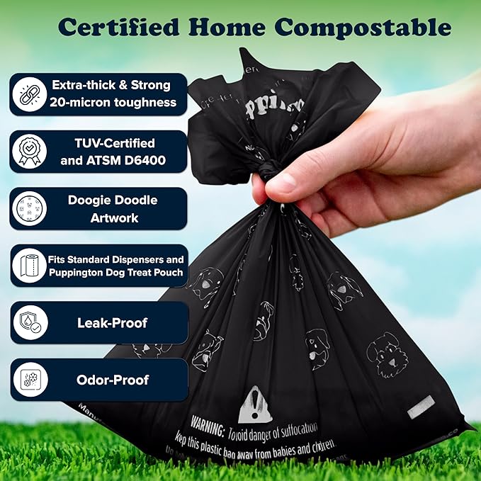Puppington Certified Home Compostable Poop Bags - ASTM D6400 Compliant - 180 Extra Thick Bags - Plant Based - Pairs with Puppington 3-in-1 Bag & Fits all Standard Poop Bag Dispensers (Onyx Black)