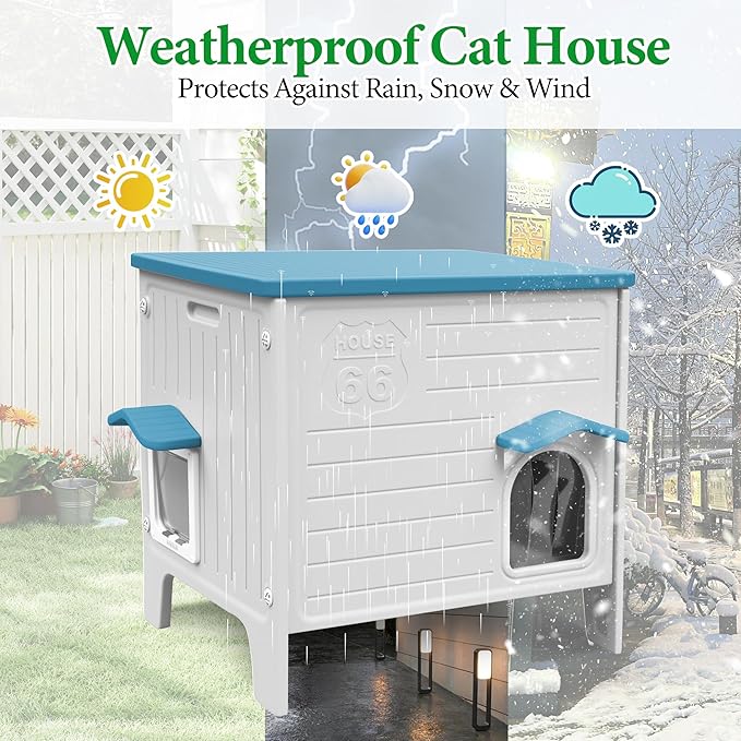 Deblue Outdoor Cat House Weatherpoof Large Plastic Cats Houses with Escape Door Indoor Waterproof Feral/Pet Cat Shelter Outside for Multiple Cats (Blue)