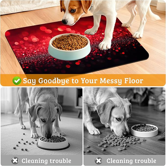Red Gradienr Feeding Mat,Black Glitter Absorbent Quick-Dry Cat Dog Food and Water Bowl Mats,Non-Slip Rubber Backing Mat,Cat Dog Accessories Supplies 12" x 20"