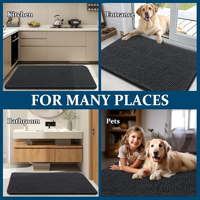 OLANLY Dog Door Mat for Muddy Paws 54x24, Absorbs Moisture and Dirt, Absorbent Non-Slip Washable Doormat, Quick Dry Chenille Mud Mat for Dogs, Entry Indoor Entryway Carpet for Inside Floor, Dark Grey