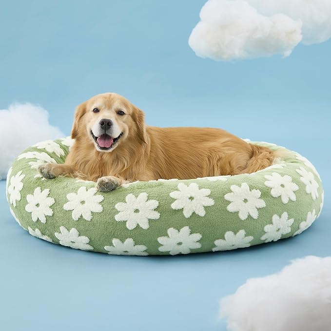 LE SURE Donut Dog Beds Extra Large Sized Dog - Round Pet Beds for Calming Puppy with Washable Cover, Orthopedic Modern Beds with Jacquard Shaggy Plush & Anti Slip Bottom, 42 Inch，Green