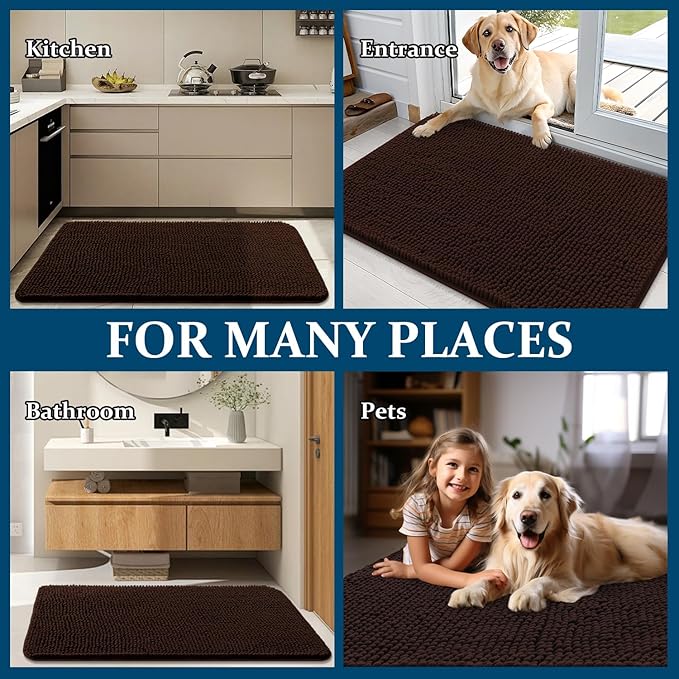 OLANLY Dog Door Mat for Muddy Paws 35x24, Absorbs Moisture and Dirt, Absorbent Non-Slip Washable Doormat, Quick Dry Chenille Mud Mat for Dogs, Entry Indoor Entryway Carpet for Inside Floor, Brown
