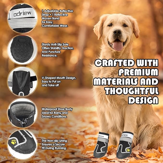 ODRIEW Dog Shoes Large Size Dogs, Medium Dog Booties-Dog Boots & Paw Protectors, 4PCS Small Shoes for Dogs with Reflective Strip, Anti-Slip Sole for Hot Pavement, Rain Snow Walking, Hiking. (Black, 1)